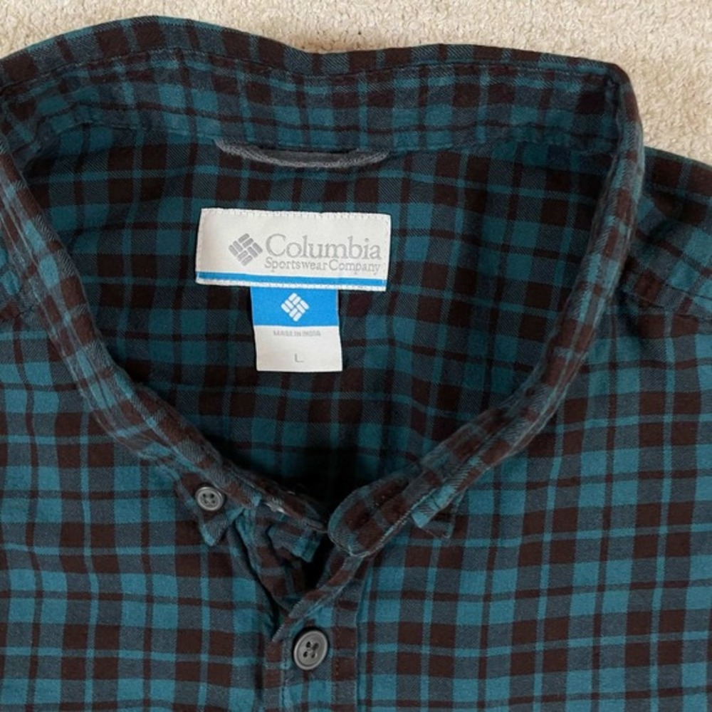 Columbia‎ Mens Large Plaid Button Down Shirt Teal Brown Long Sleeve Cotton L - Picture 3 of 8